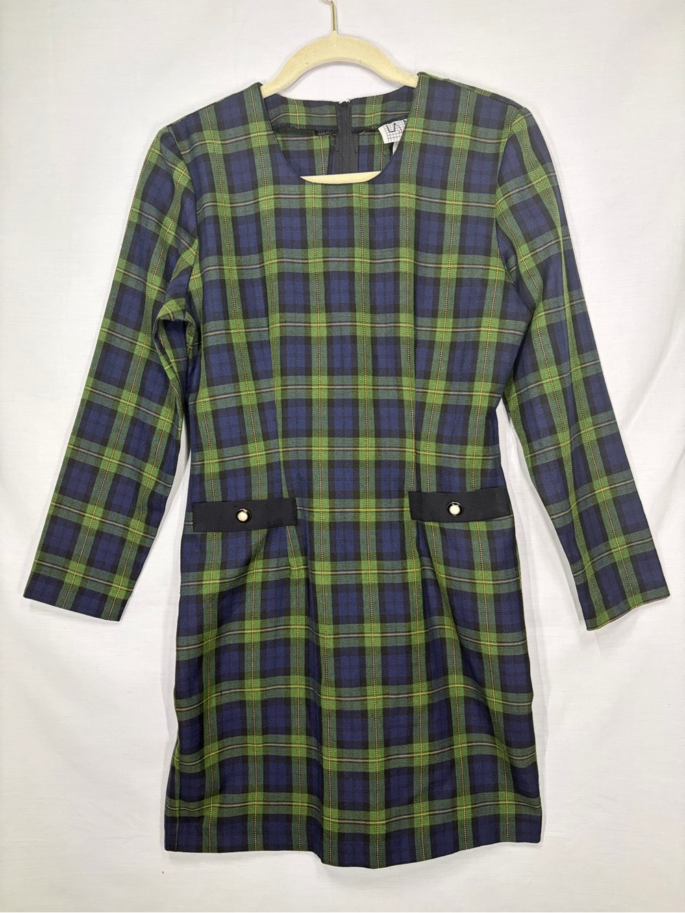 Vintage 90s Retro Green Blue Plaid Mini Dress Size 5 or XS/S American Made Rayon
